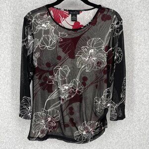 The Limited Womens Mesh Ruched Dark Floral Top Size XL Red Black 90s Grunge EUC